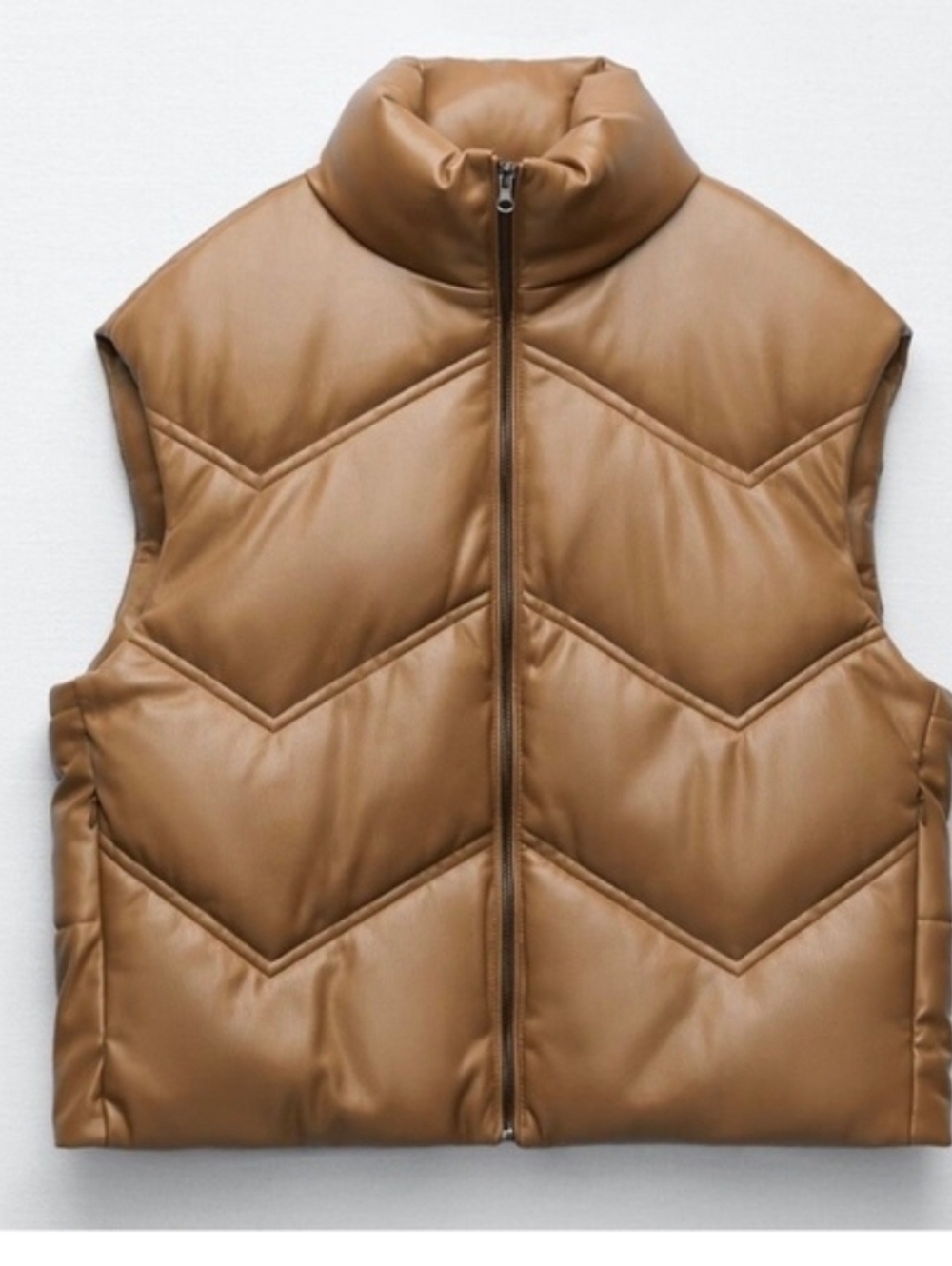 Zara oversized faux leather puffer vest, Small, Brown